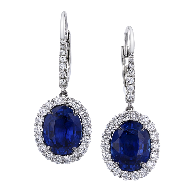 Korman Signature Platinum Oval Sapphire and Diamond Drop Earrings